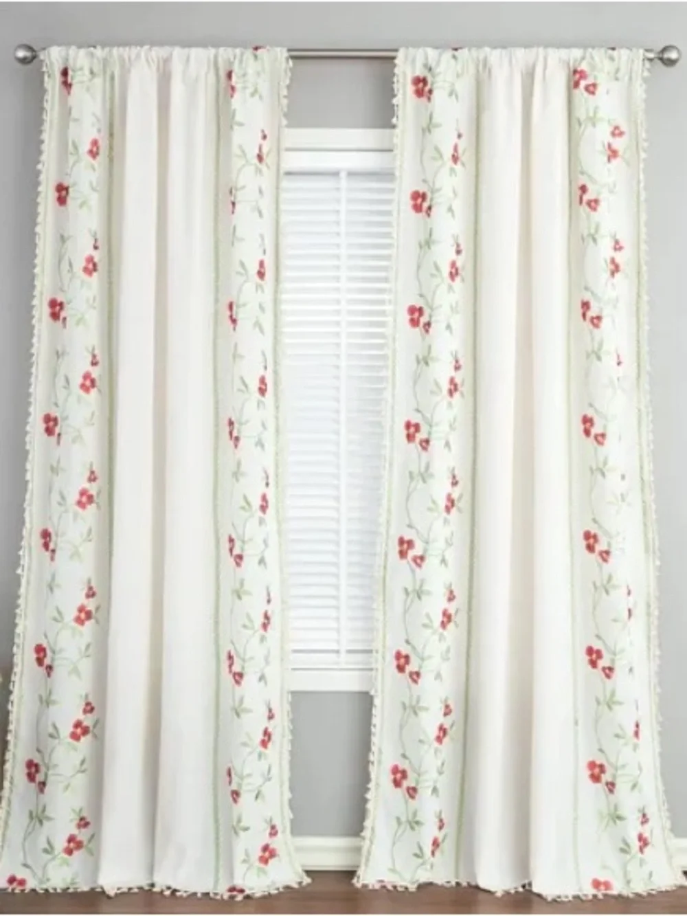 2 Panel 96” Curtain Set Linen Look Ivory Red Green Floral Embroidered Vines Boho
